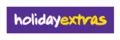 Logo von holiday extras, verspielter handgeschriebener Schriftzug in Weiß und Gelb auf violettem Hintergrund
