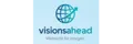 Logo von visionsahead mit Globus-Symbol und Pfeil, Slogan "Weitsicht für morgen" auf hellblauem Hintergrund