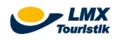 Logo des Reiseveranstalters LMX Touristik mit stilisiertem dunkelblauem Schwungsymbol und gelber Sonne/Ellipse